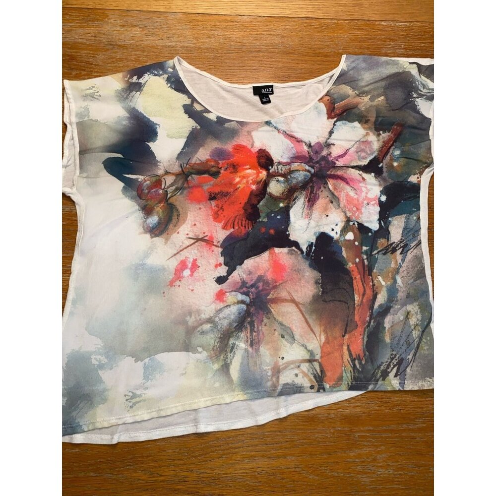 Ana Womens Watercolor Floral Print Tee Short Sleeve Cotton Blend